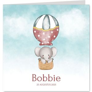 Neutraal geboortekaartje met lief olifantje in luchtballon