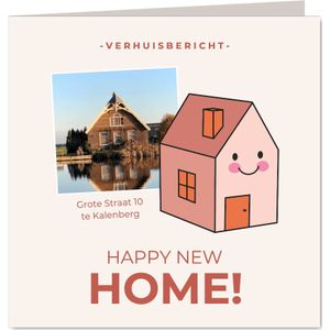 Schattige verhuiskaart huisje met gezicht en foto