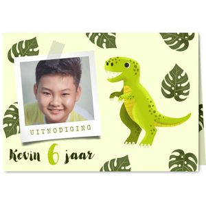 Uitnodiging voor een kinderfeestje met dino en blaadjes