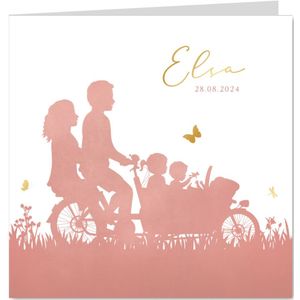 Geboortekaartje bakfiets silhouet 3 kinderen zus broertje