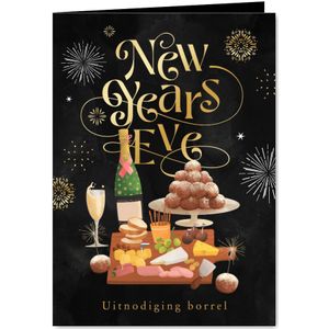 Uitnodiging nieuwjaarsborrel borrelplank oliebollen vuurwerk