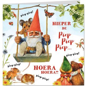 Verjaardagskaart kabouter zingende muizen piep piep hoera