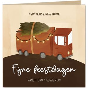 Kerstverhuiskaart met vrachtwagen met kerstboom