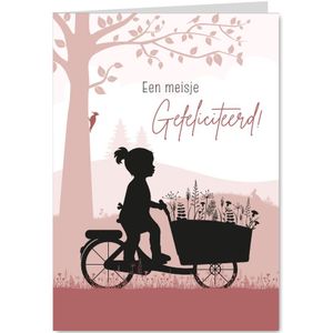Felicitatie met silhouet meisje en bloemen op bakfiets