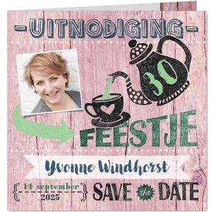 High tea uitnodiging vrouw roze hout stempel