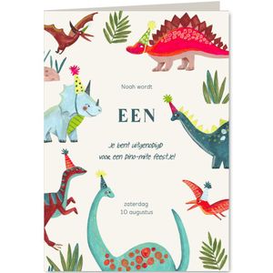 Uitnodiging kinderfeestje dinosaurus met verjaardag hoedjes