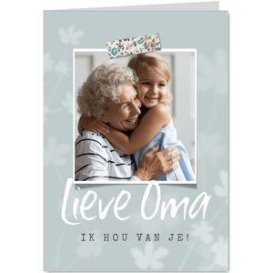 Oma kaartje met bloemen, vintage tape en eigen foto