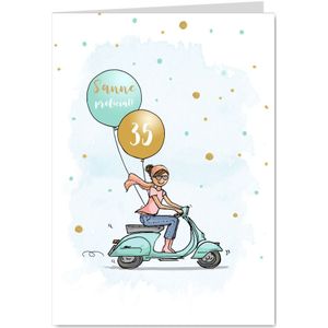 Verjaardagskaart vespa scooter vrouw