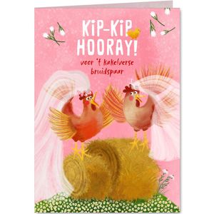 Felicitatiekaart van twee kippen met een sluier
