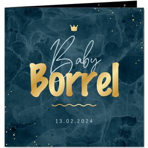 Uitnodiging kraamborrel stoer stijlvol goud kroontje blauw