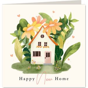 Verhuiskaart huis met grote bloemen planten en hartjes
