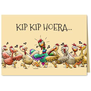 Leuke verjaardagskaart met 7 kippen en één haan