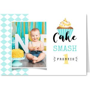 Uitnodiging kinderfeestje 1 jaar cake smash jongen cupcake