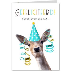 Grappige felicitatiekaart met giraffe met feesthoedje op