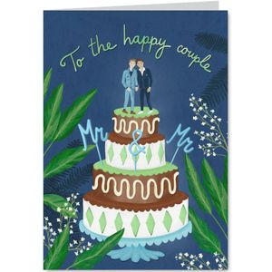 Felicitatiekaart huwelijk twee mannen op bruidstaart