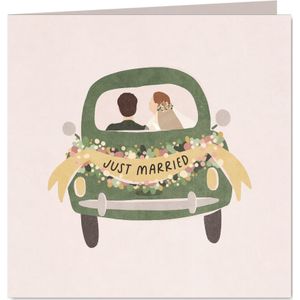 Felicitatie huwelijk versierde auto 'just married'