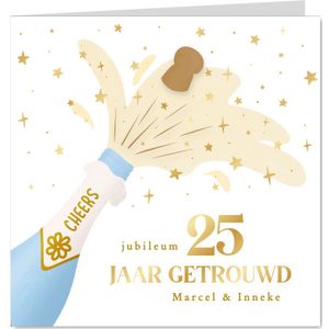 Vrolijke jubileum uitnodiging met champagnefles lichtblauw