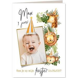 Uitnodiging kinderfeest 1 jaar jungle aap giraf leeuw foto