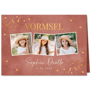 Uitnodiging vormsel meisje fotocollage roestbruin goudlook