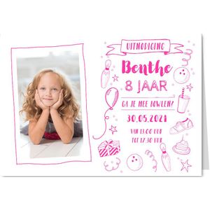 Uitnodiging kinderfeestje bowlen foto roze