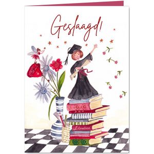 Geslaagd examen meisje en boeken
