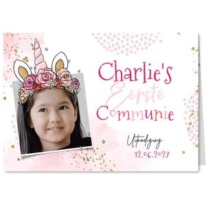Communiefeest meisje uitnodiging unicorn watercolour goud