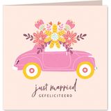 Felicitatiekaart huwelijk auto bloemen beige