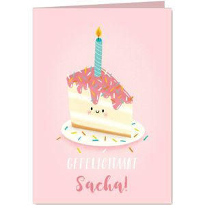 Lieve verjaardagskaart met leuk taartje en aanpasbare naam