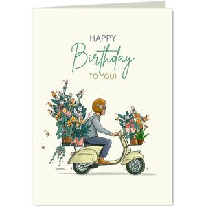 Verjaardagskaart Vespa scooter met bloemen