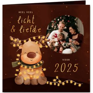 Kerstkaart licht & liefde rendier met lampjes en foto