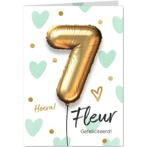 Verjaardagskaart 7 jaar ballon mint groene hartjes meisje
