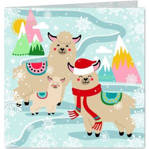 Hippe kerstkaart met alpaca in de sneeuw