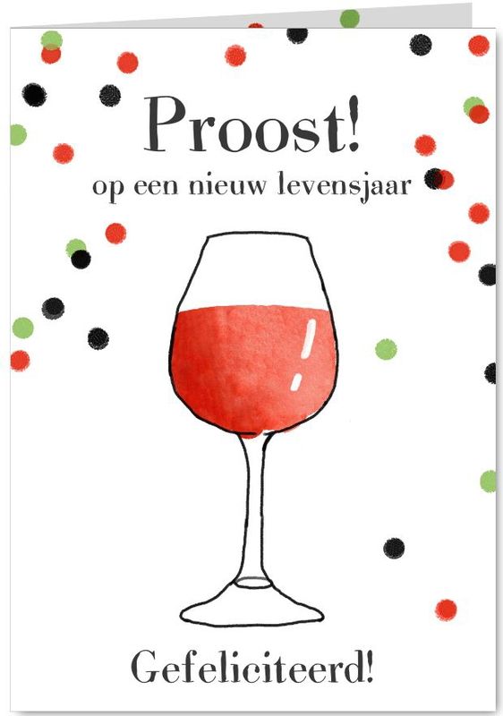 Verjaardagskaart wijn confetti