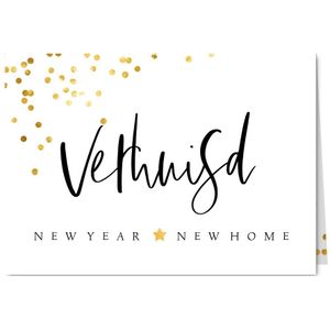 Kerst verhuiskaart met confetti en handgeschreven teksten