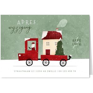 Kerst-verhuiskaartje verhuisbusje met huis en kerstboom