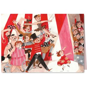 Vrolijke kinderkaart met een meisje en het circus