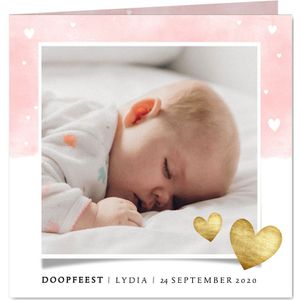 Uitnodiging doopfeest waterverf, witte en gouden hartjes