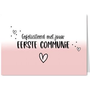 Felicitatiekaart eerste communie roze dip dye hartjes