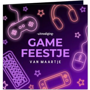 Uitnodiging game feestje met paarse neon meisje