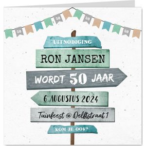 Uitnodiging verjaardag man met houten wegwijzers