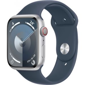 Apple Watch Series 9 GPS + Cellular 45mm zilver Aluminium Case met Storm blauw Sport Band - M/L