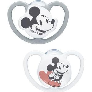 NUK fopspeen rustgevend siliconen Space 2 stuks 6-18m muis Mickey grijs/ wit