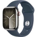 Apple Watch Series 9 GPS + Cellular 41mm zilver RVS Case met Storm blauw Sport Band - M/L