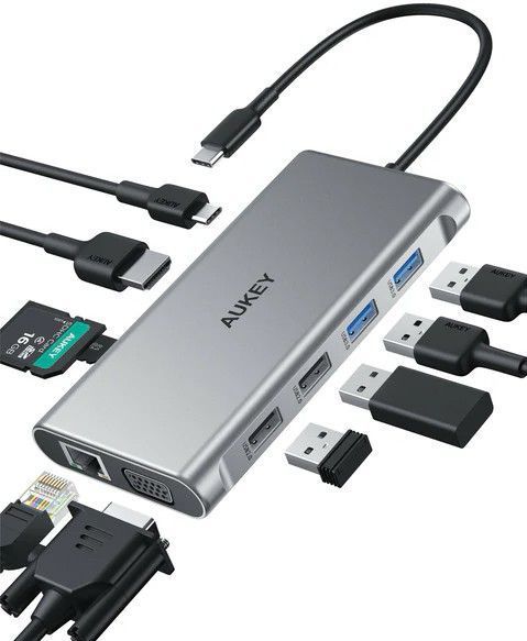 AUKEY Hub USB-C CB-C89 Aluminium | 10 in 1 | RJ45 Ethernet 10/100/1000Mbps | 4xUSB | HDMI 4k@30Hz | SD en microSD | USB-C Power Delivery 100W