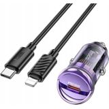Hoco oplader lader auto type C + kabel type C voor Lightning PD QC3.0 30W Z53 paars