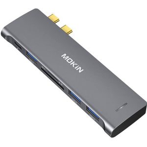 Mokin HUB 6in2 USB-C voor Macbook 3xUSB-A 1xUSB-C 1xSD/MicroSD (zilver)