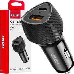 AMiO oplader auto QC+PD 38W USB-A + USB-C -04283