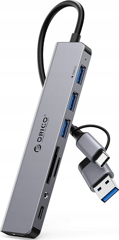 Orico HUB input 2 in 1: USB-A/USB-C / output: 3x USB-A 2.0 + 1x USB-A 3.0 + 1x USB-C 2.0 + 1x 3,5mm Audio & microfoon + 2x TF&SD przewód 0,17M - grijs