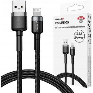 FEEGAR Kabel USB 3.0 Evolution FEE-01903 USB-A – Lightning nylon 2.4A 1m zwart-grijs