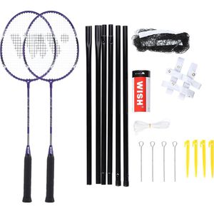 WISH Alumtec badmintonracketset 4466 2 paarse rackets + 3 shuttlecocks + net + lijnen
